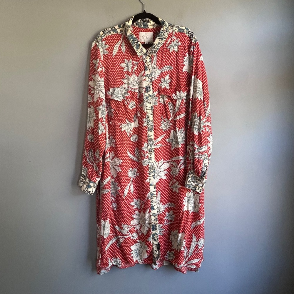 Jessica Simpson Womens 2X Red Floral Mixed Print Button Front Midi Shirt Dress